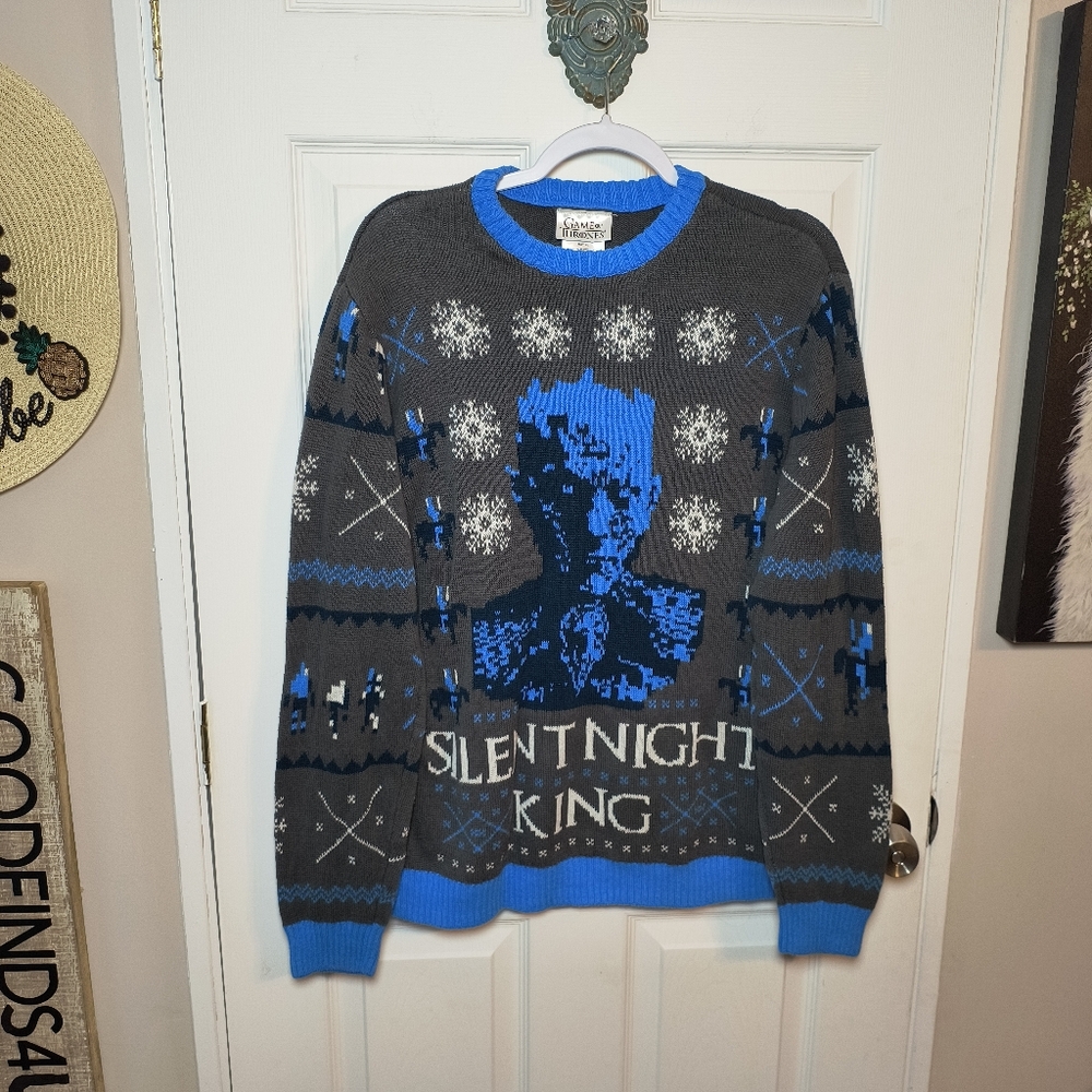 Game Of Thrones Christmas Sweater Mens L Silent Night Long Blue Grey Gray